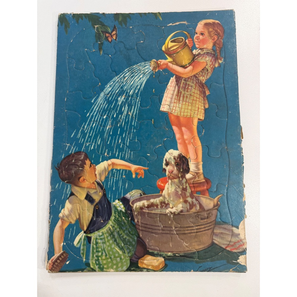 Vintage Children Washing Dog Frame Tray Puzzle Mid Century Americana Decor